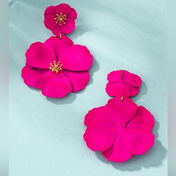 Hot Pink Flower Drop Earrings - Picture 4 of 6
